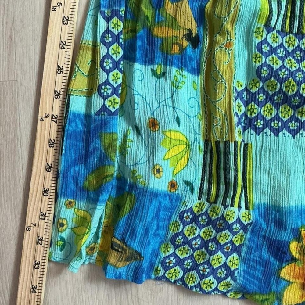 Bila Boho Floral Patchwork Maxi Dress Womens L Blue Green Sunflower V-Neck Rayon - Picture 5 of 5